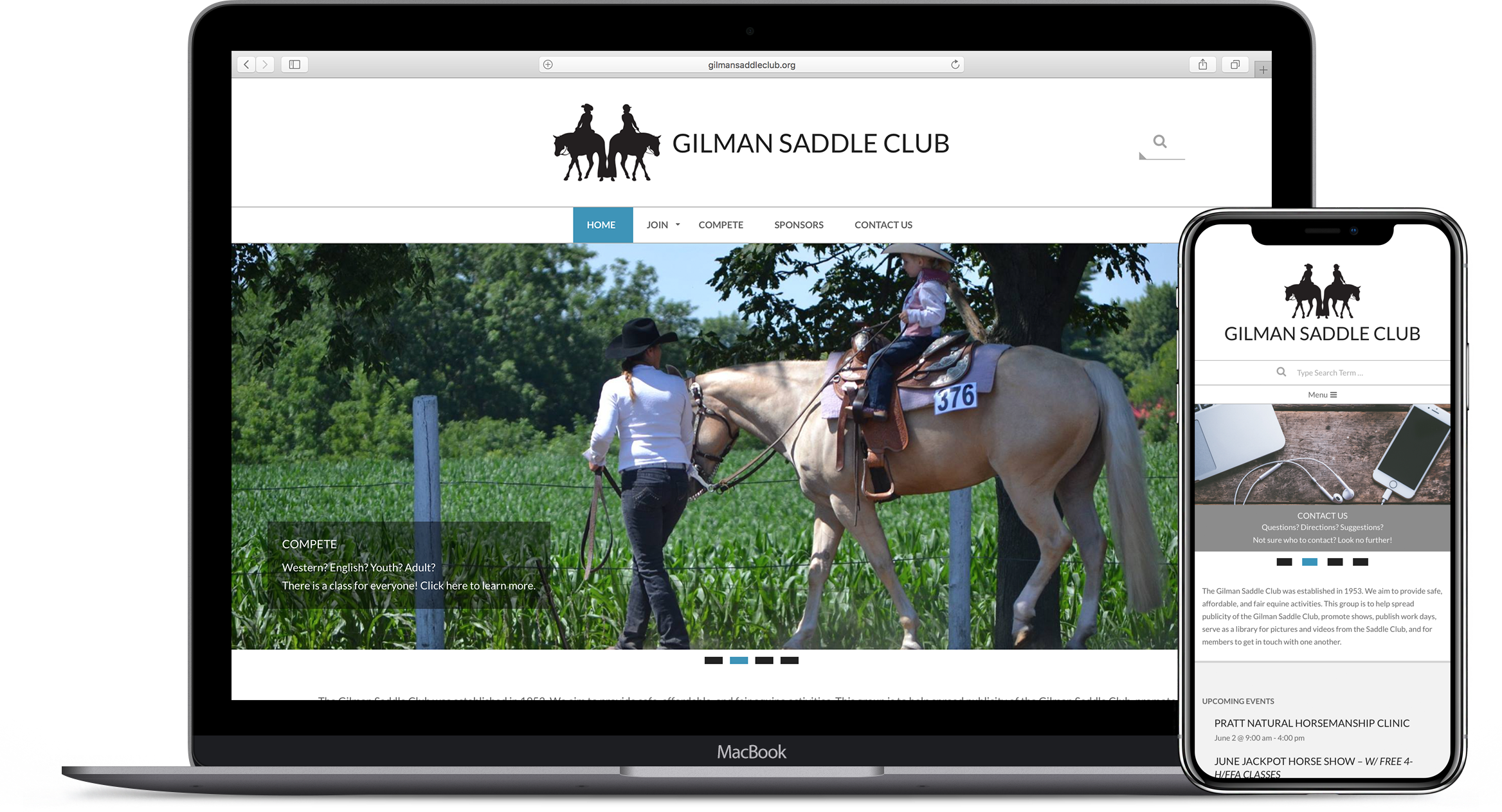 Desktop and mobile views of the Gilman Saddle Club website